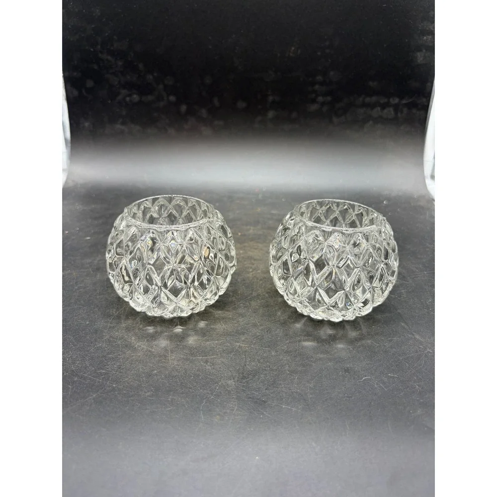 Vintage Diamond Point Clear Cut Glass Votive Tea Light Candle Holders Set of 2